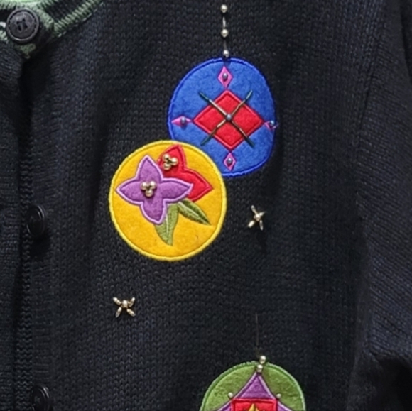 XL VTG Ramie/Cotton Christmas Ornament Patchwork Button Down Cardigan Sweater - Picture 4 of 7